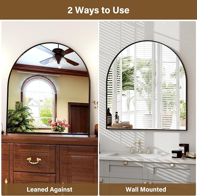 XRAMFY Arched Bathroom Mirror 32" x 34" for Bathroom Vanity Mirror or Wall Decor Black Arch Mirror Aluminum Alloy Frame Wall Mounted Mirror for Living Room Bedroom Entryway