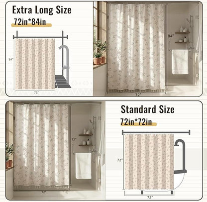 Farmhouse Floral Shower Curtain with 12 Clear Rings 72" W x 84" L | Boho Fabric Faux Linen Shower Curtain Set, Vintage Cottagecore Shower Curtain for Bathroom