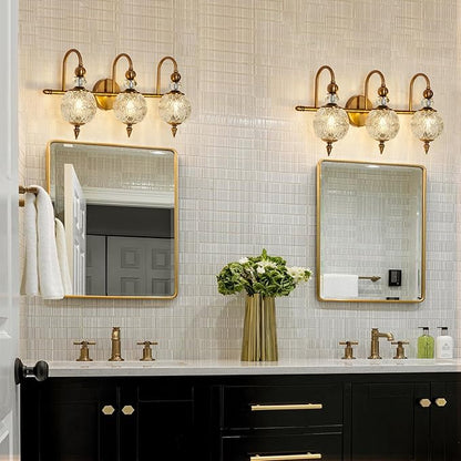 Vintage Bathroom Lights Fixtures Gold Vanity Light with Glass Globe LampShade 3 Light Mid Century G9 Bulb Wall Sconce Indoor Vanity Light Over Mirror for Kitchen Bedroom Farmhouse Living Room