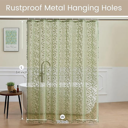 WAZZIO Sage Green Lace Shower Curtain - Vintage Pretty Floral Sheer Shower Curtains, Elegant Decorative Tassel Bath Curtains for Bathroom, 72 x 84 Inch, 1 Piece