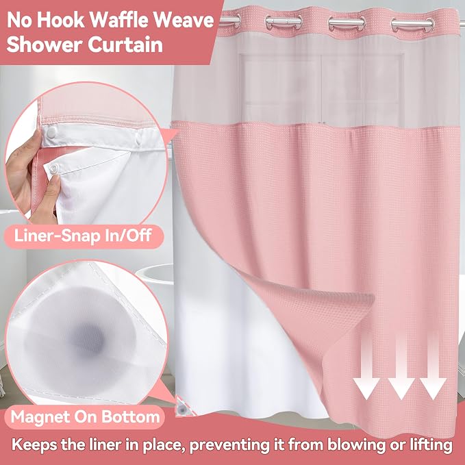 Conbo Mio No Hook Waffle Weave Shower Curtain with Snap in Liner Set, Hotel Luxury Pink Shower Curtains for Bathroom with See Through Top Window, Waterproof, Washable 71W x 74H