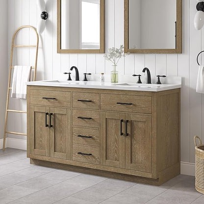 OVE Decors Bailey 60 in. Double Sink Freestanding Driftwood Oak Bathroom Vanity with White Quartz Top, Matching Backsplash and Power Bar