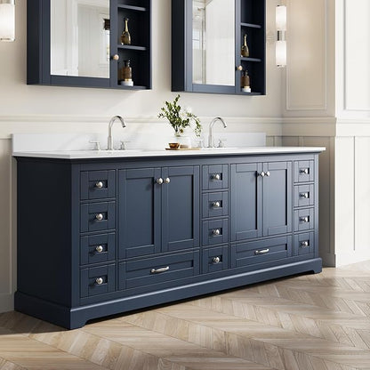WELLFOR 84 Inch Bathroom Vanity with Double Sinks, Bathroom Freestanding Vanity W/4 Soft-Close Doors and 14 Drawers, Large Storage Space Vanity, Cultured Marble Countertop Vanities (Navy Blue)