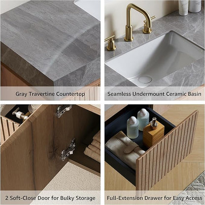 48” Floating Bathroom Vanity with Sink, Wall-Mounted Cabinet with Drawer & Doors, Gray Travertine-Pattern Sintered Stone Top, Undermount Basin, 3 Faucet Hole, Soft-Close, Pre-Assembled, Light Oak