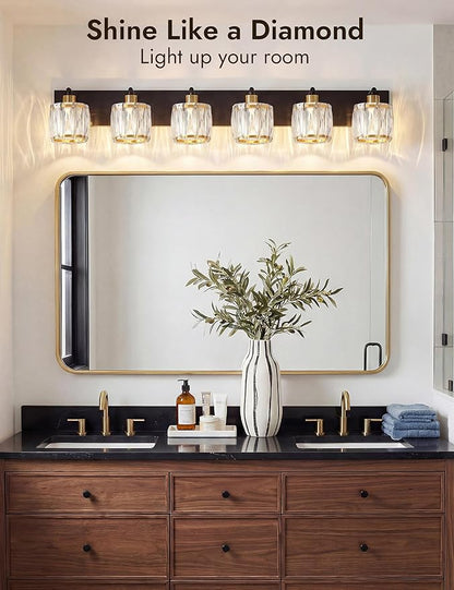 VOLISUN Crystal Vanity Lights for Bathrooms, 6 Light Bathroom Vanity Light, Black and Gold Bathroom Light Over Mirror, Modern Bathrooms Lights Fixtures-UL Certificated(Exclude Bulb)