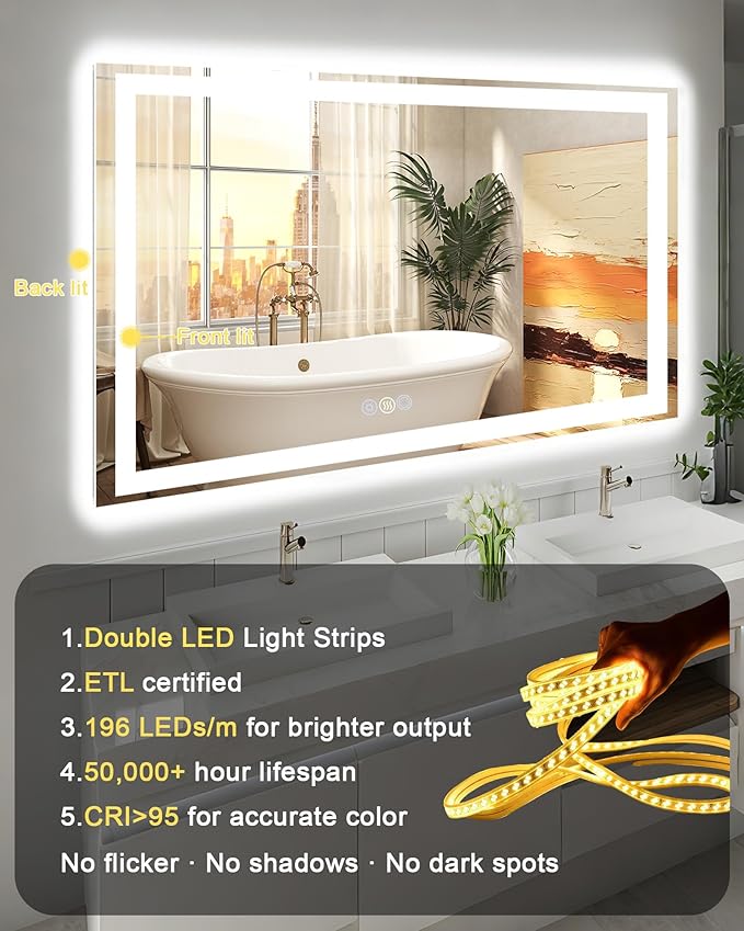 20x28 LED Bathroom Mirror, 6000LM, Separate Front and Back Lights | UL Certified,Shatter-Resistant Tempered Glass,Auto-Off Defogger,3 Color Modes,Smooth Dimming,Smart Memory Setting
