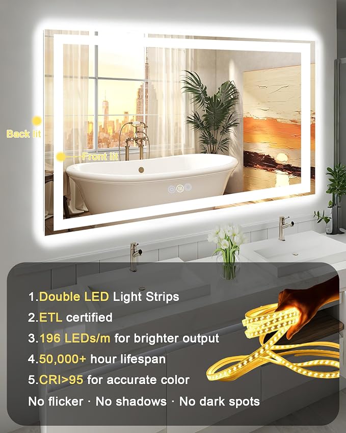 24x30 LED Bathroom Mirror, 6000LM, Separate Front and Back Lights | UL Certified,Shatter-Resistant Tempered Glass,Auto-Off Defogger,3 Color Modes,Smooth Dimming,Smart Memory Setting
