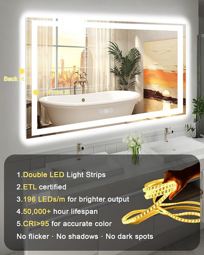 24x30 LED Bathroom Mirror, 6000LM, Separate Front and Back Lights | UL Certified,Shatter-Resistant Tempered Glass,Auto-Off Defogger,3 Color Modes,Smooth Dimming,Smart Memory Setting