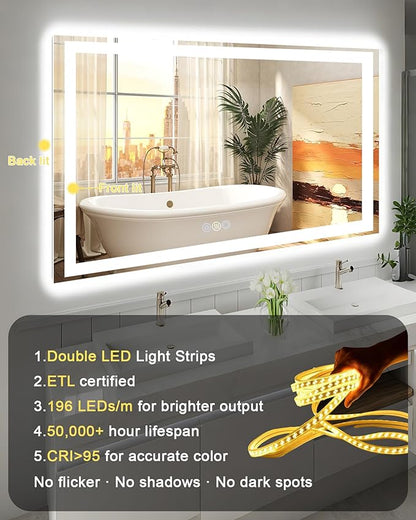 28x36 LED Bathroom Mirror, 6000LM, Separate Front and Back Lights | UL Certified,Shatter-Resistant Tempered Glass,Auto-Off Defogger,3 Color Modes,Smooth Dimming,Smart Memory Setting