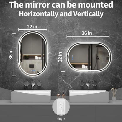 Oval LED Bathroom Mirror, 22"x 36" Frameless Lighted Mirror | LED Mirror with Front Light & Backlit, Anti-Fog, Dimmable Wall Mounted Lighted Mirror, Pill-Shaped Smart Bathroom Mirror