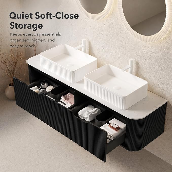 60 Inch Double Sink Bathroom Vanity, Floating Wall Mounted Cabinet, Black Curved Fluted Front, Stone Top, Dual White Textured Rectangular Vessel Basins, Pre-Assembled