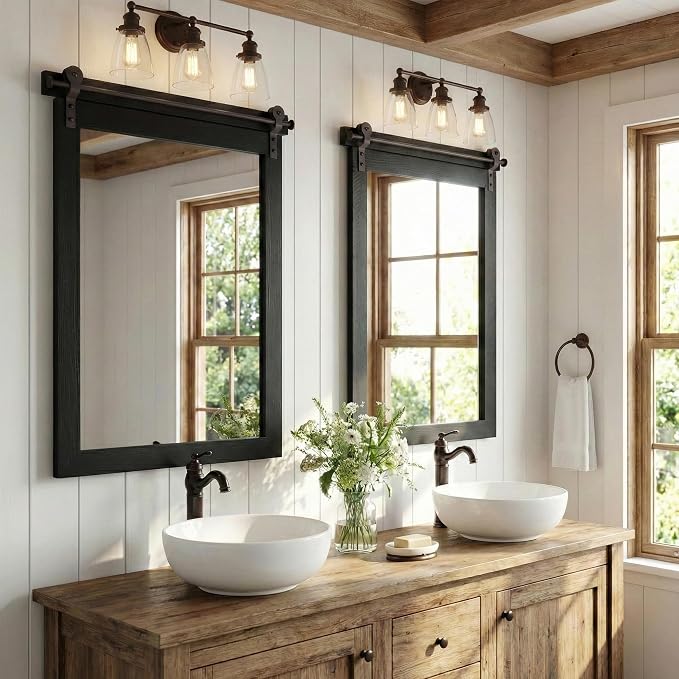 24"x36" Black Wood Grain Barn Door Vanity Mirror with Wood Header | 100% solid wood, HD tempered glass, bronze-tone iron rail; farmhouse vanity mirror for over sink, powder room, entryway
