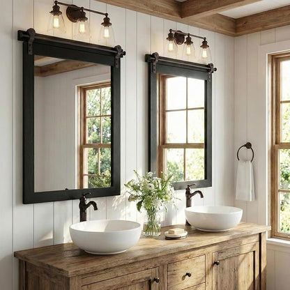 24"x36" Black Wood Grain Barn Door Vanity Mirror with Wood Header | 100% solid wood, HD tempered glass, bronze-tone iron rail; farmhouse vanity mirror for over sink, powder room, entryway