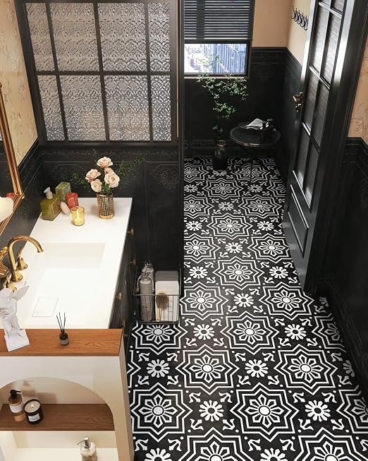 MORCART 20Pcs Peel and Stick Floor Tile, 7.87"x 7.87" Vinyl Flooring, Removable DIY Self Adhesive Flooring for Bathroom Kitchen Fireplace Stairs Bedrooms Wall Pantry Room Waterproof Black