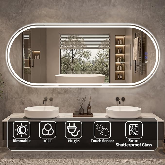Oval LED Bathroom Mirror, 24"x 50" Led Full Length Mirror | Frameless Large LED Mirror with Front Light & Backlit, Anti-Fog, Dimmable Wall Mounted Lighted Mirror, Smart Bathroom Mirror