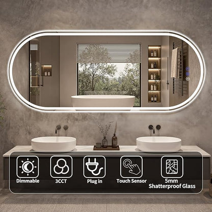 Oval LED Bathroom Mirror, 24"x 50" Led Full Length Mirror | Frameless Large LED Mirror with Front Light & Backlit, Anti-Fog, Dimmable Wall Mounted Lighted Mirror, Smart Bathroom Mirror