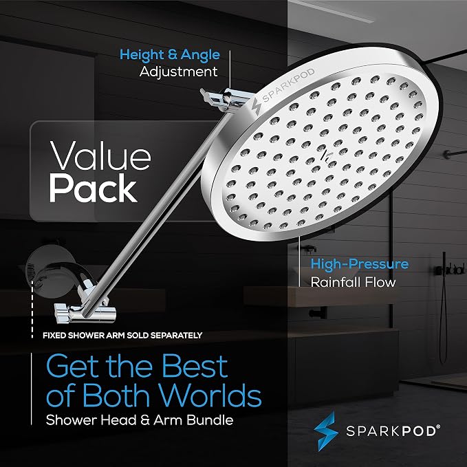 SparkPod 8" Round Rain Shower Head with 16" Shower Arm | Shower Head & Extension Arm Combo, Height Adjustable, High Pressure Performance, Easy 1-Minute Installation, Polished Chrome
