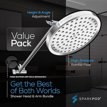 SparkPod 8" Round Rain Shower Head with 16" Shower Arm | Shower Head & Extension Arm Combo, Height Adjustable, High Pressure Performance, Easy 1-Minute Installation, Polished Chrome