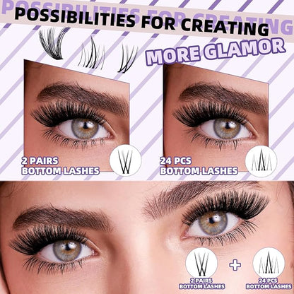 B&Qaugen Eyelash Extension Kit with Bottom Lash Extension 10-18mm 50D D Curl Lash Clusters Kit with Bottom Lashes DIY Lash Extension Kit Bond and Seal Lash Applicator (Kit-50D-D-MIX10-18)