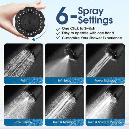 High Pressure Boosting Shower Head, ALOHOME 6 Powerful Spray Settings - Perfect for Low Water Pressure Homes, 3.6" Luxury Modern Shower Head with 360° Adjustable Brass Ball Joint - Matte Black