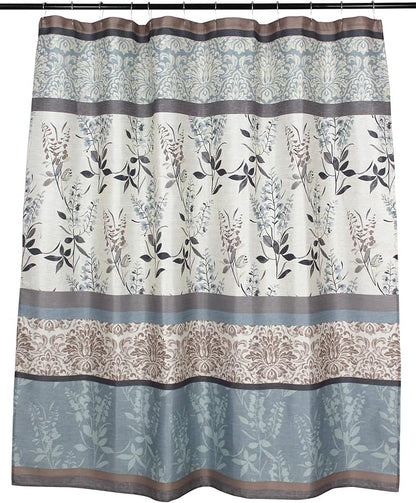 Serafina Home Hotel Quality Fabric Bathroom Shower Curtain: Farmhouse Floral Bordered Damask - Light Blue, Beige, and Grey (72 x 70 inches)