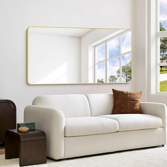 55"x30" Gold Bathroom Mirror, Large Rectangle Mirror, Rectangular Wall Mirror, Rounded Corner Vanity Mirror with Aluminum Metal Frame for Bathroom Bedroom Living Room Horizontal/Vertical