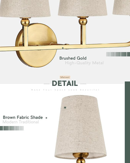 4-Light Brushed Gold Bathroom Vanity Light, Brown Linen Fabric Shade | 28 Inch gold bathroom light fixture over mirror, UL listed, E26 bulbs, hardwired, upward only, VL837-BG-L-4
