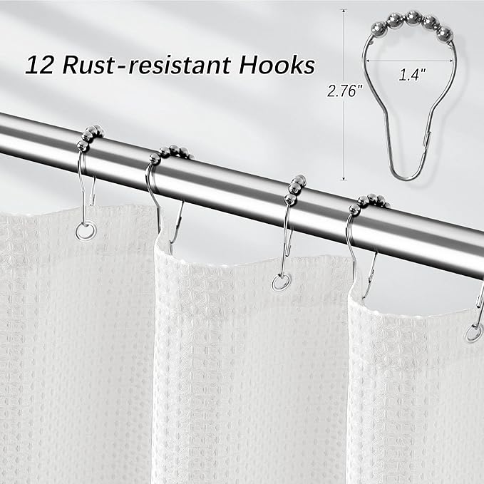 White Shower Curtain for Bathroom 90 Inches Long, Waffle Textured Heavy Duty Extra Long Waterproof 256GSM Weighted Beige Shower Curtains with 12 Metal Hooks, 72Wx90H