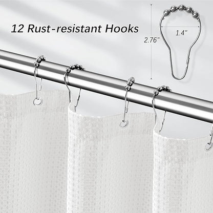 White Shower Curtain for Bathroom 90 Inches Long, Waffle Textured Heavy Duty Extra Long Waterproof 256GSM Weighted Beige Shower Curtains with 12 Metal Hooks, 72Wx90H