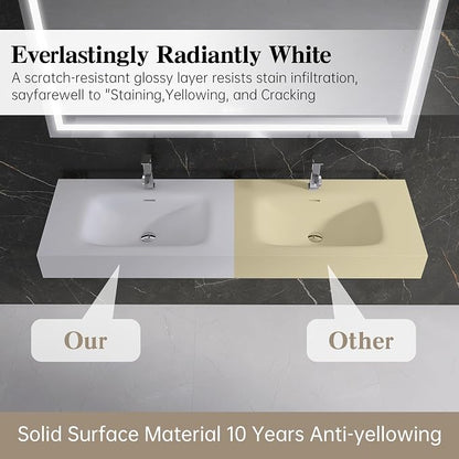 Wall Mount Double Bathroom Sink 59"L x 18"W x 5"H, Resin Stone Floating Sink with Facuet Holes, Rectangle Countertop Freestanding Vessel Sinks (Double Holes 59'')