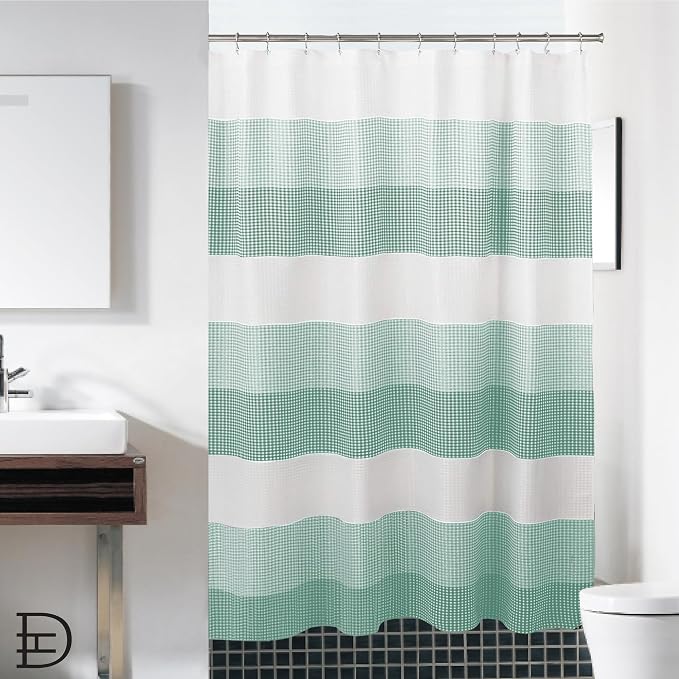Ombre Waffle Shower Curtain with 12 Roller Ball Hooks - Spa Green 70" x 72" - Water Resistant Polyester Blend, Washable Perfect Cloth Shower Curtain for Stylish Bathrooms