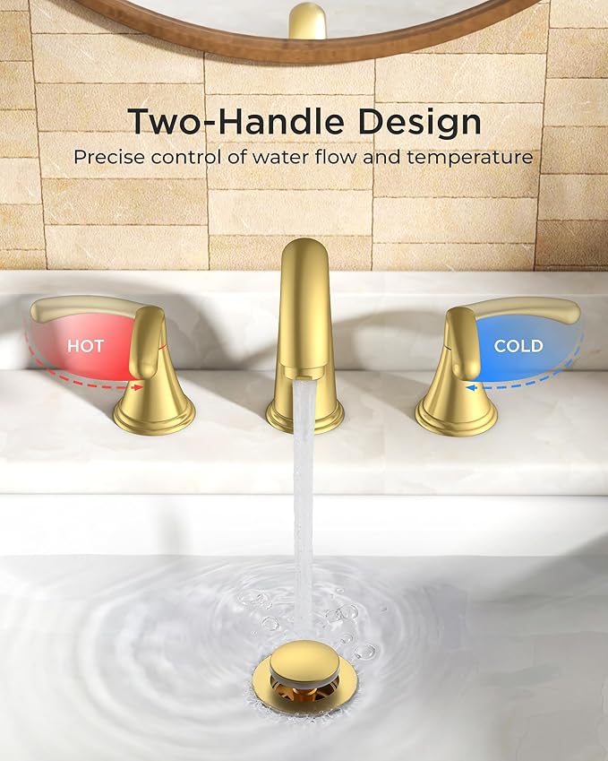 FORIOUS Gold Bathroom Faucet 3 Hole, Widespread Bathroom Sink Faucet 8 Inch with Pop Up Drain and CUPC Supply Hose, 2 Handle for Vanity Rv Commercial Lavatory Restroom