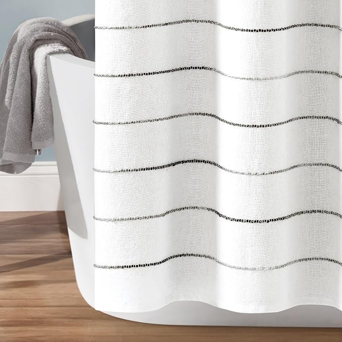 Lush Decor Ombre Stripe Yarn Dyed Cotton Shower Curtain, 72" W x 72" L, Navy & Multi - Fabric Shower Curtains - Striped Bathroom Curtain - Farmhouse & Coastal Decor