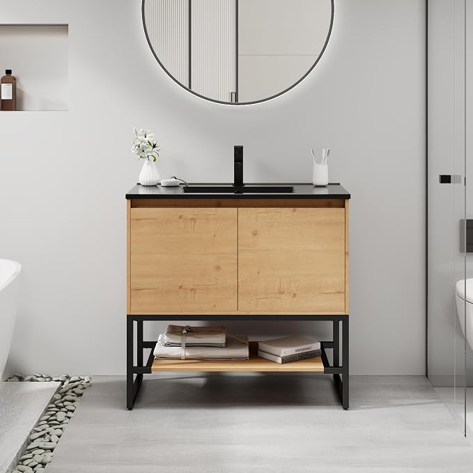 LUCKWIND 36" Modern Bathroom Vanity with Single Black Sink Combo, Freestanding Storage Cabinet with Metal Frame, Matte Black Faucet and Open Shelf and 2 Soft-Closing Door, Natural