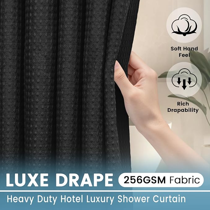 EUTXL Heavyweight No Hook Shower Curtain with Liner, Black,71x80 | Snap in Liner, 256GSM Thick Waffle Fabric, Hotel Luxury Spa, Corner Magnets, Quick Dry, Waterproof & Washable, Long Size