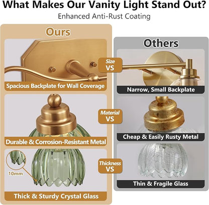 Vintage Gold Vanity Lights, 3 Light Tulip Crystal, Antique Brass Finish | Brushed Gold Bathroom Light Fixtures, Green Wall Sconce Ideal for Bedroom, Living Room, E26 Compatible, Easy Install