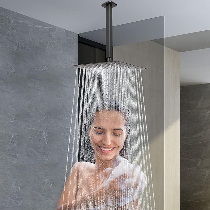 NearMoon Rain Shower Head With Shower Arm, Ceiling Mount Square Shower, Stainless Steel Ceiling Rainfall Showerhead- Waterfall Full Body Coverage (8 Inch, Matte Black)