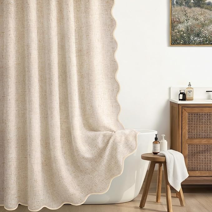 Scalloped Shower Curtain Linen Boho Flax Cream 72" W x 72" L | Linen Fabric, Black Border, Washable, Heavy Duty Cloth, Shower Curtain for Boho Farmhouse Bathroom Bathtub
