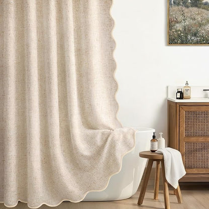 Scalloped Shower Curtain Linen Boho Flax Cream 72" W x 72" L | Linen Fabric, Black Border, Washable, Heavy Duty Cloth, Shower Curtain for Boho Farmhouse Bathroom Bathtub