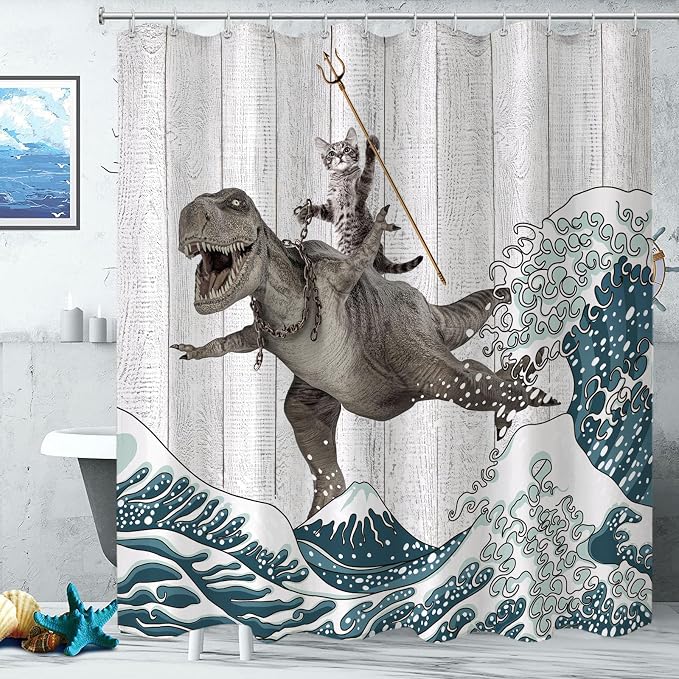 Fungarth Funny Cat Shower Curtain Dinosaur Ocean Sea Wave Shower Curtains for Bathroom Cool Waterproof Fabric Rustic Wooden Farmhouse Bath Curtain Decor with Hooks (Gray1, 72” x 84”)