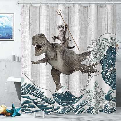 Fungarth Funny Cat Shower Curtain Dinosaur Ocean Sea Wave Shower Curtains for Bathroom Cool Waterproof Fabric Rustic Wooden Farmhouse Bath Curtain Decor with Hooks (Gray1, 72” x 84”)