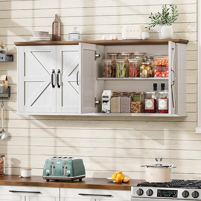 47" Laundry Room Cabinets and Storage with 4 Doors and Utility Adjustable Shelf, Large Wall Mounted Storage Cabinet, Upper Kitchen Cabinet for Laundry, Bathroom, and Kitchen, White and Brown