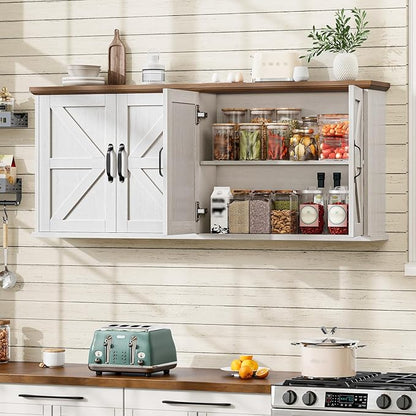 47" Laundry Room Cabinets and Storage with 4 Doors and Utility Adjustable Shelf, Large Wall Mounted Storage Cabinet, Upper Kitchen Cabinet for Laundry, Bathroom, and Kitchen, White and Brown