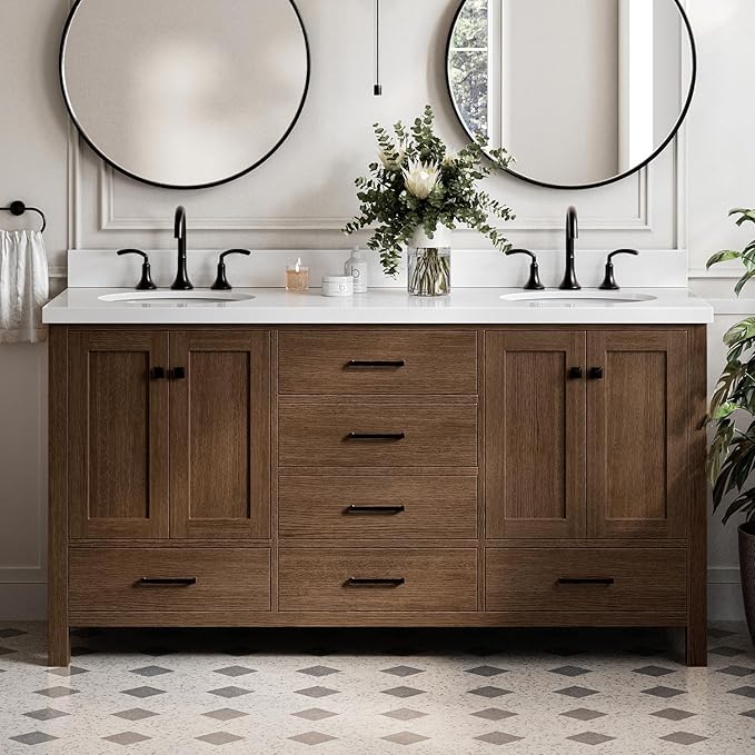 ARIEL Cambridge 66-inch Bathroom Vanity with Sink,Solid Wood, 1.5-inch Pure White Quartz Countertop & Backsplash, Double Oval Porcelain Sink, 4 Soft Closing Doors, 6 Dovetail Drawers, Brown Oak