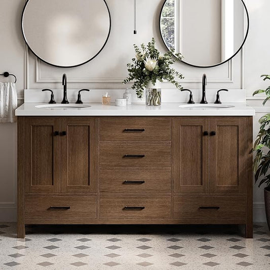 ARIEL Cambridge 66-inch Bathroom Vanity with Sink,Solid Wood, 1.5-inch Pure White Quartz Countertop & Backsplash, Double Oval Porcelain Sink, 4 Soft Closing Doors, 6 Dovetail Drawers, Brown Oak