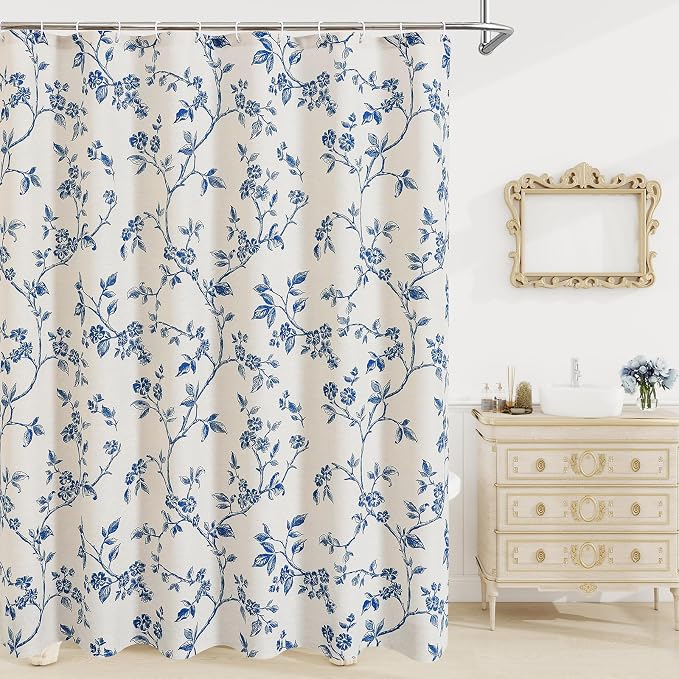 MitoVilla Long Shower Curtain Set 72 x 78, Cotton Floral Cottagecore Spring Shower Curtains for Bathroom, Modern Farmhouse Country Plant Leaves Bathroom Décor