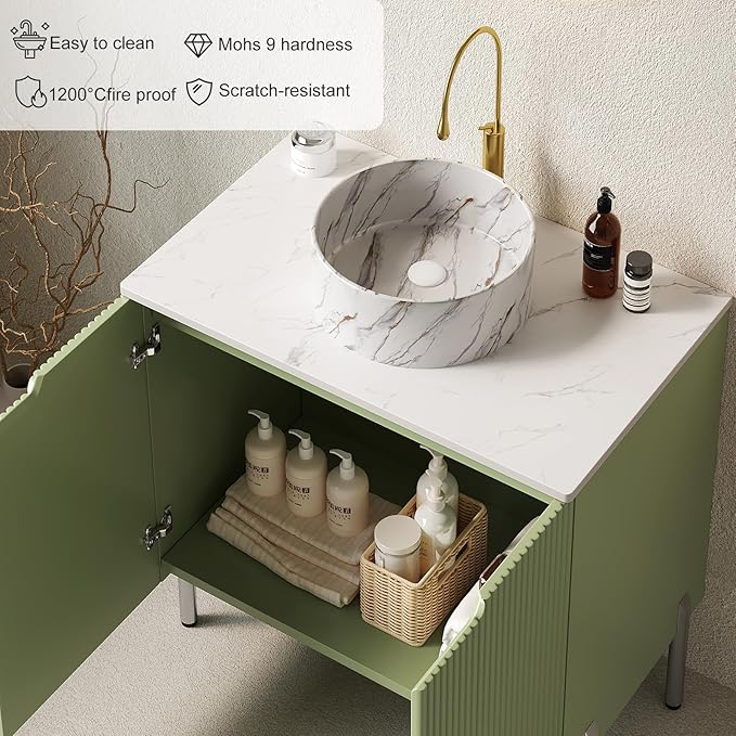 30" Bathroom Vanity with Sink, Modern Bathroom Vanities with Durable Marble Ceramic Basin and Sintered Stone Countertop, Soft Closing Door, Freestanding Bathroom Cabinet, Soft Green