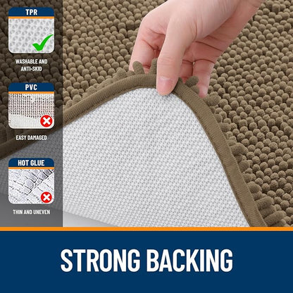 OLANLY Toilet Rugs U-Shaped 20x20, Soft Absorbent Chenille Contour Rugs | Tan, Quick-Drying Rubber Backing, Machine Washable Non-Slip Shaggy Bathroom Mat for Toilet, Home Decor Accessories