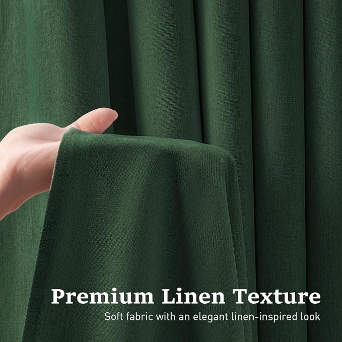 Emerald Green Ringless Linen Look Shower Curtain with Snap Liner 72x75 | 3 in 1 Modern Shower Curtain Set, Removable Liner, Waterproof & Washable, Mesh Top Window, Durable Fabric, Easy to Install