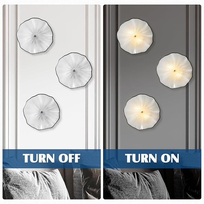 White Glass Wall Light Dia 12" Wall Lamp with Murano Glass Shade Vintage Vanity Lighting Fixture with Metal Base Flush Mount Wall Sconce 2-Light for Bathroom, Bedroom, Bedside, Entryway